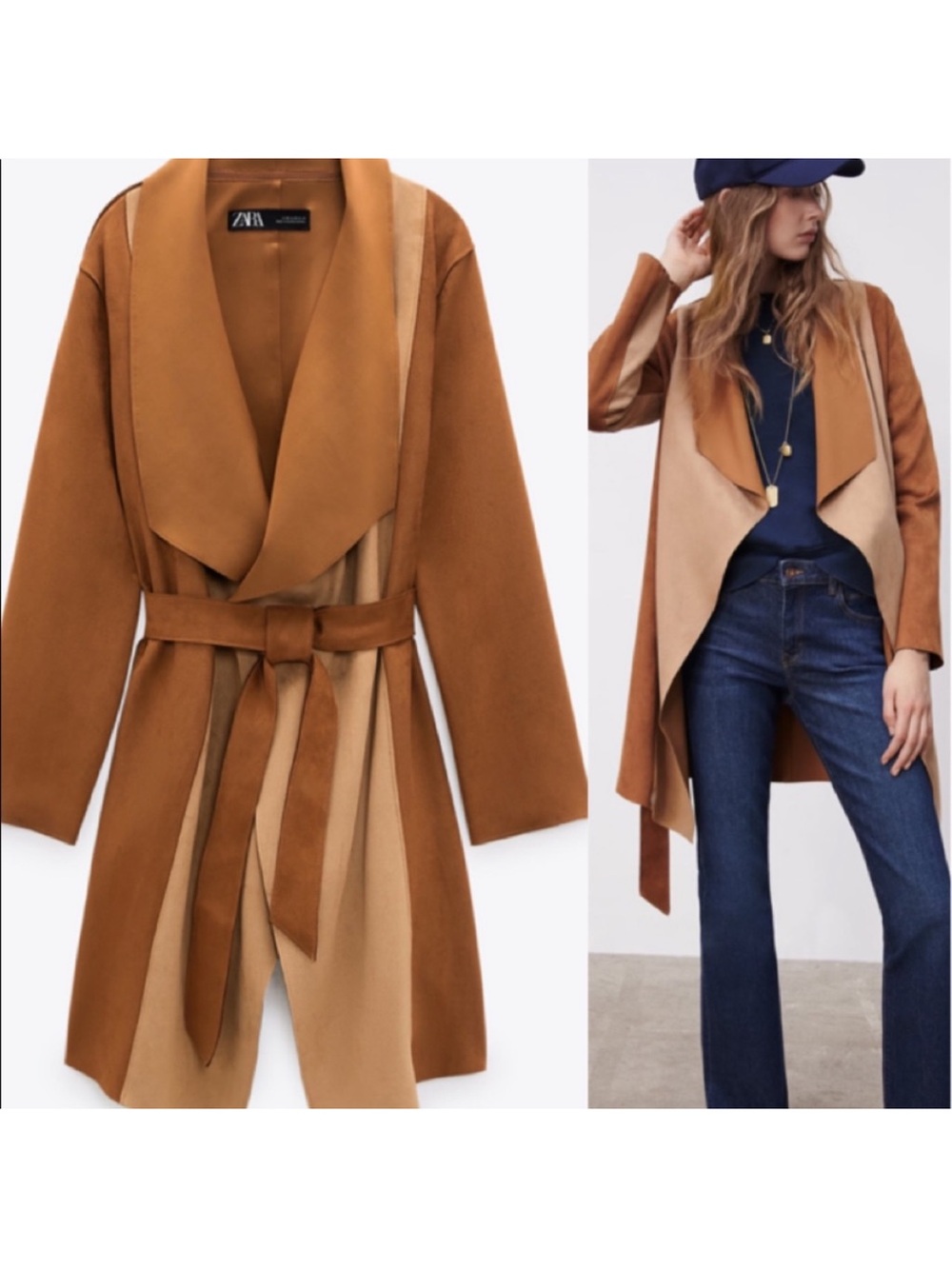 Zara Camel Two-Tone Belted Wrap Trench Coat